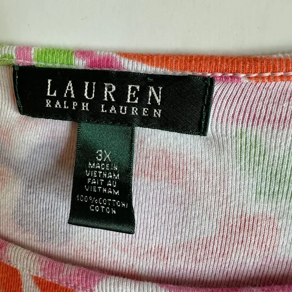 Lauren Ralph Lauren Artsy Floral Top Womens Size 3X Colorful 3/4 Sleeve Knit Tee